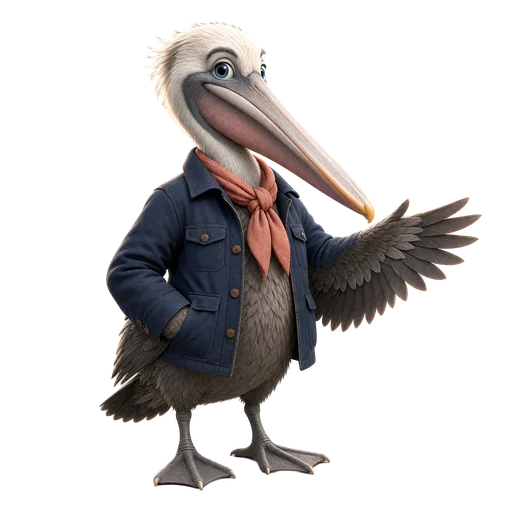 Cove, a pelican captain in a harbor jacket