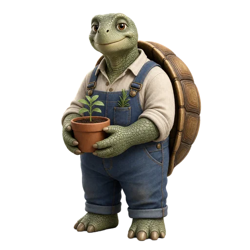 Moss, a tortoise gardener holding a seedling