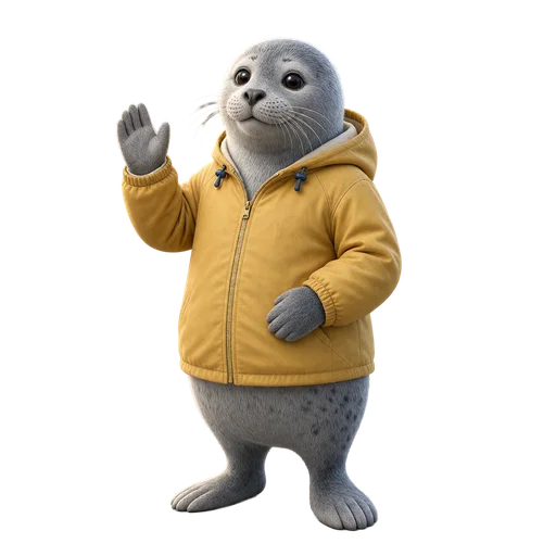 Nori, a harbor seal in a yellow raincoat