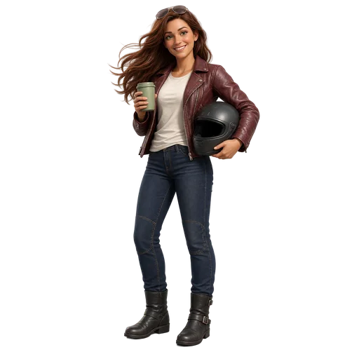 Roam, a rider in a leather jacket