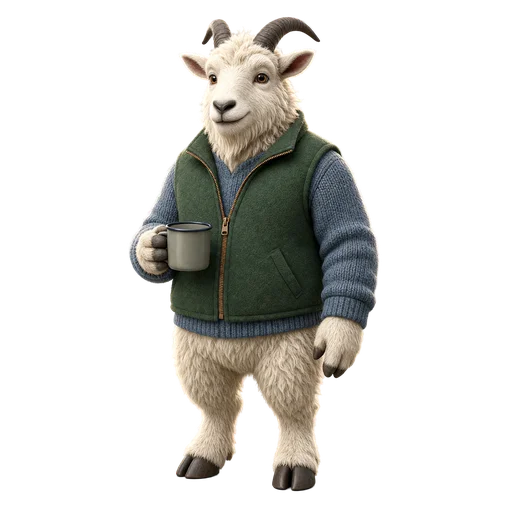 Tobin, a mountain goat holding a camping mug