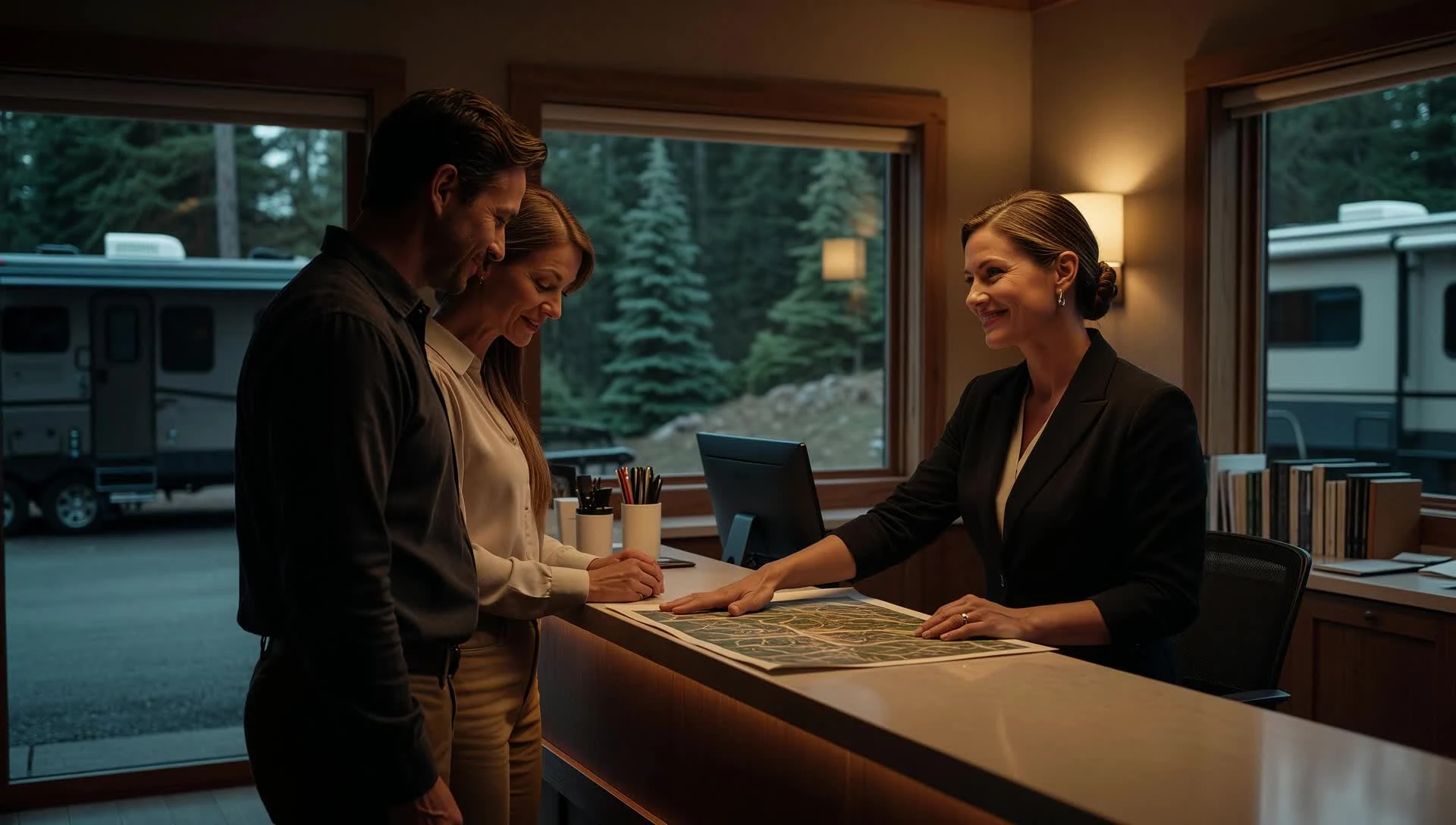 A campground team member welcoming guests at the reception desk