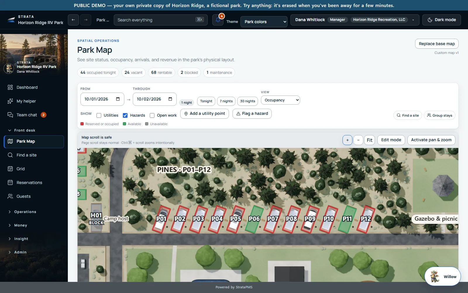 The park map from above: each occupied pad shows the guest’s own kind of rig