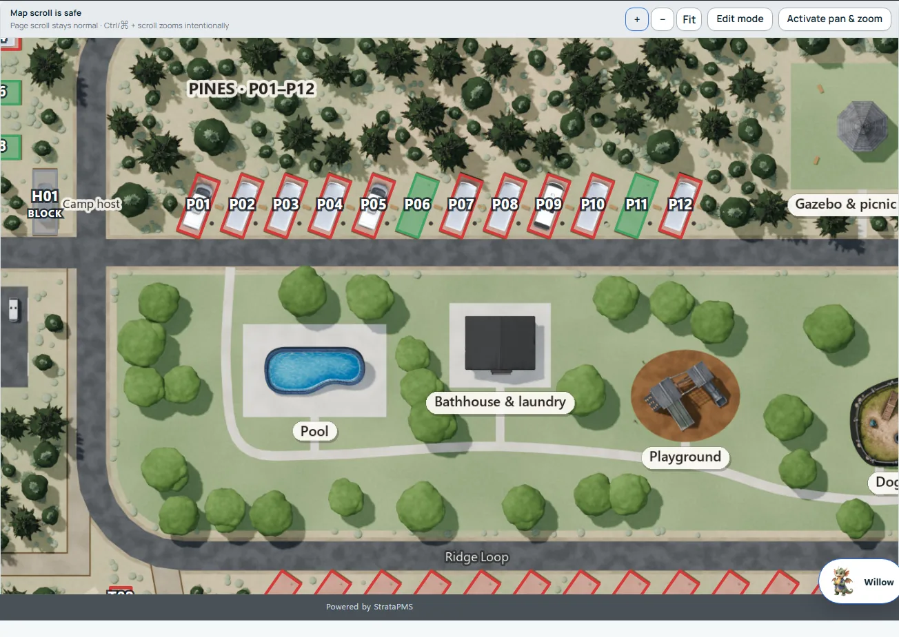 A close-up of the park map: a row of pads, each occupied one showing the guest’s kind of rig, beside the pool, bathhouse and playground