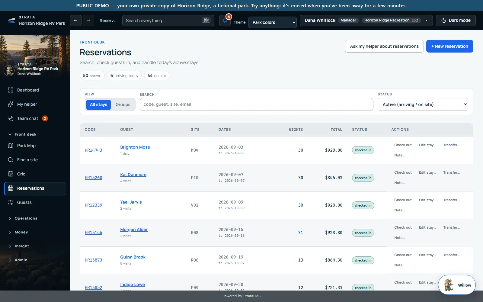 The reservations list: today’s active stays with their sites, dates, totals and status