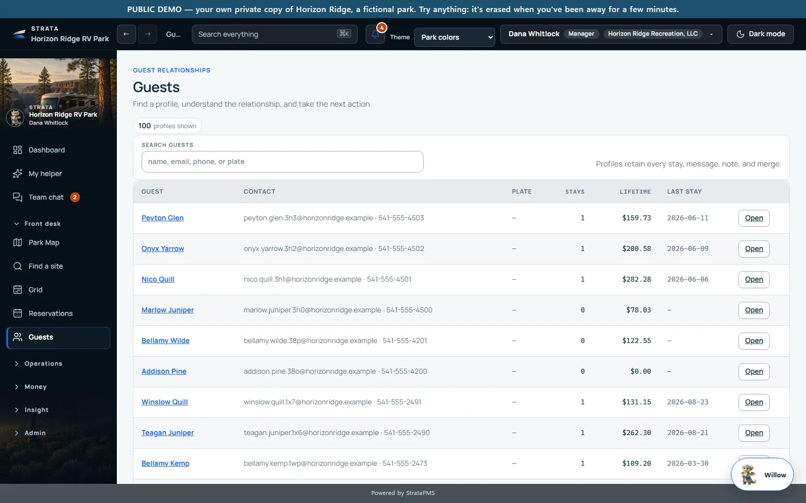 The guests directory: each guest’s contact details, stays, lifetime spend and last stay