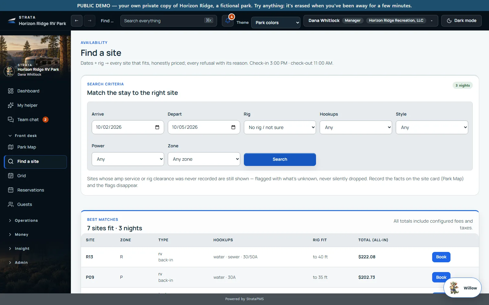 Find a site: dates and rig in, seven matching sites out, each with its hookups, how long a rig it fits, and the total