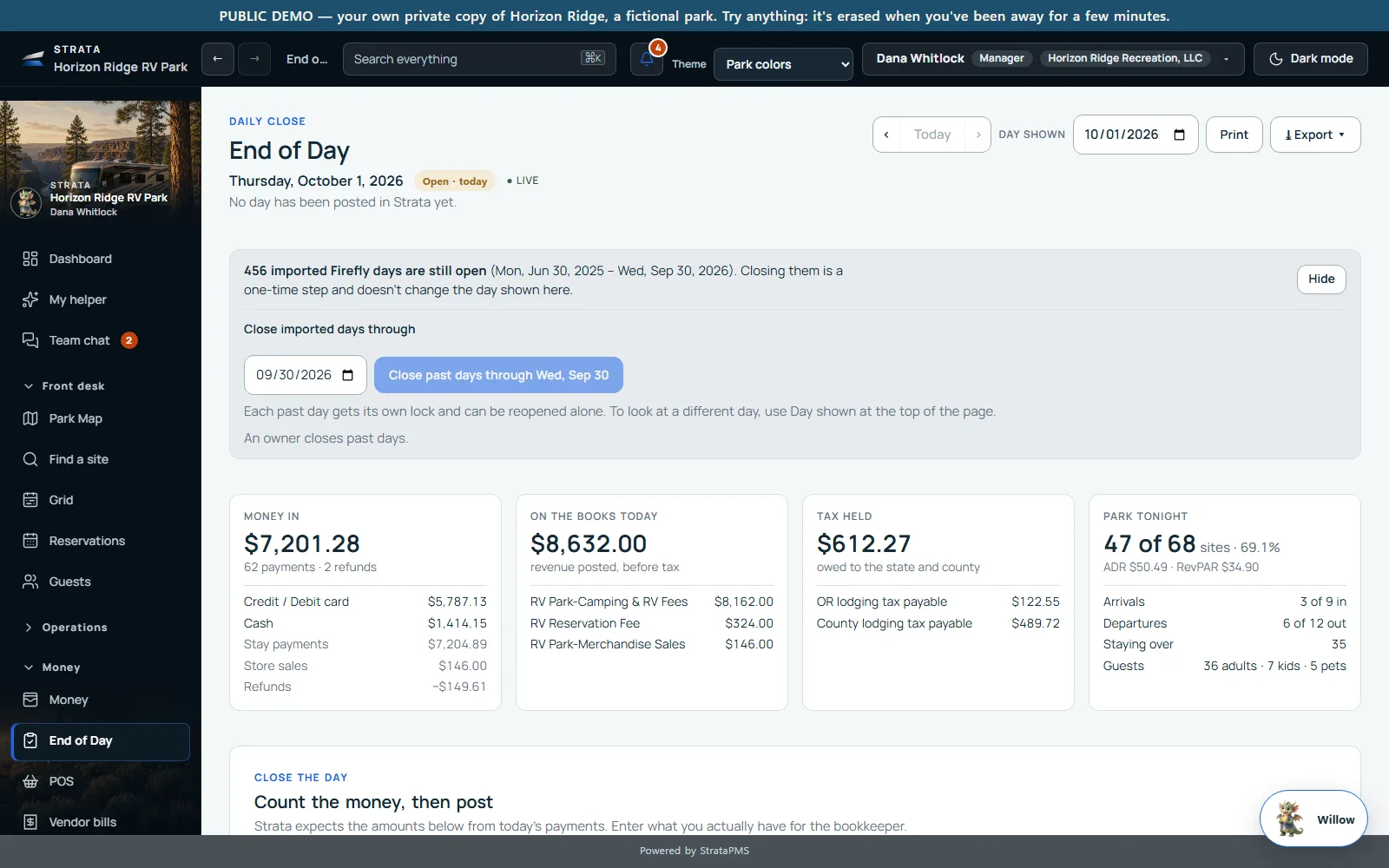 End of Day: money in by card and cash, revenue on the books, tax held, and the park tonight