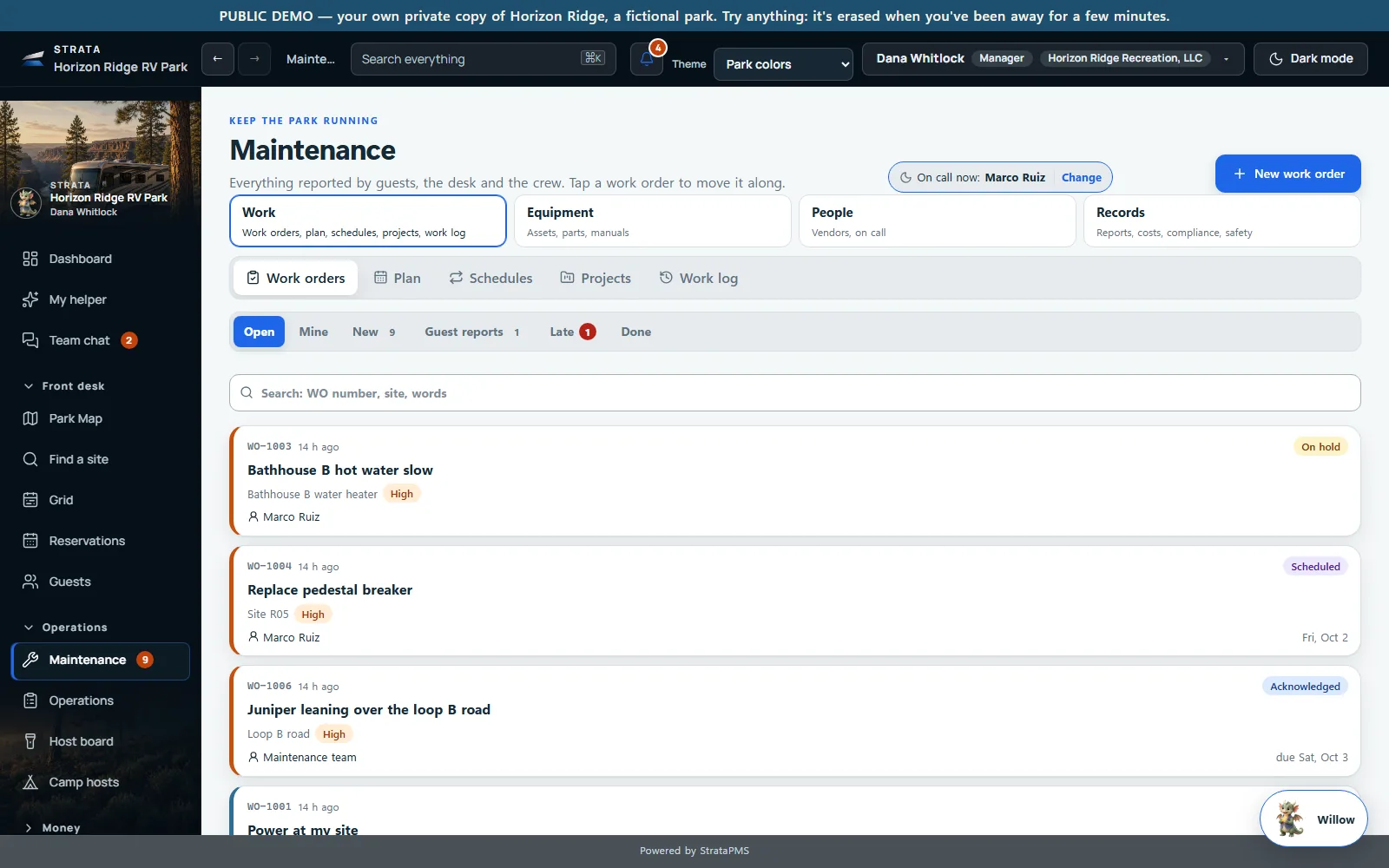 Maintenance: open work orders with their priority and who has them, a guest report among them, and who is on call