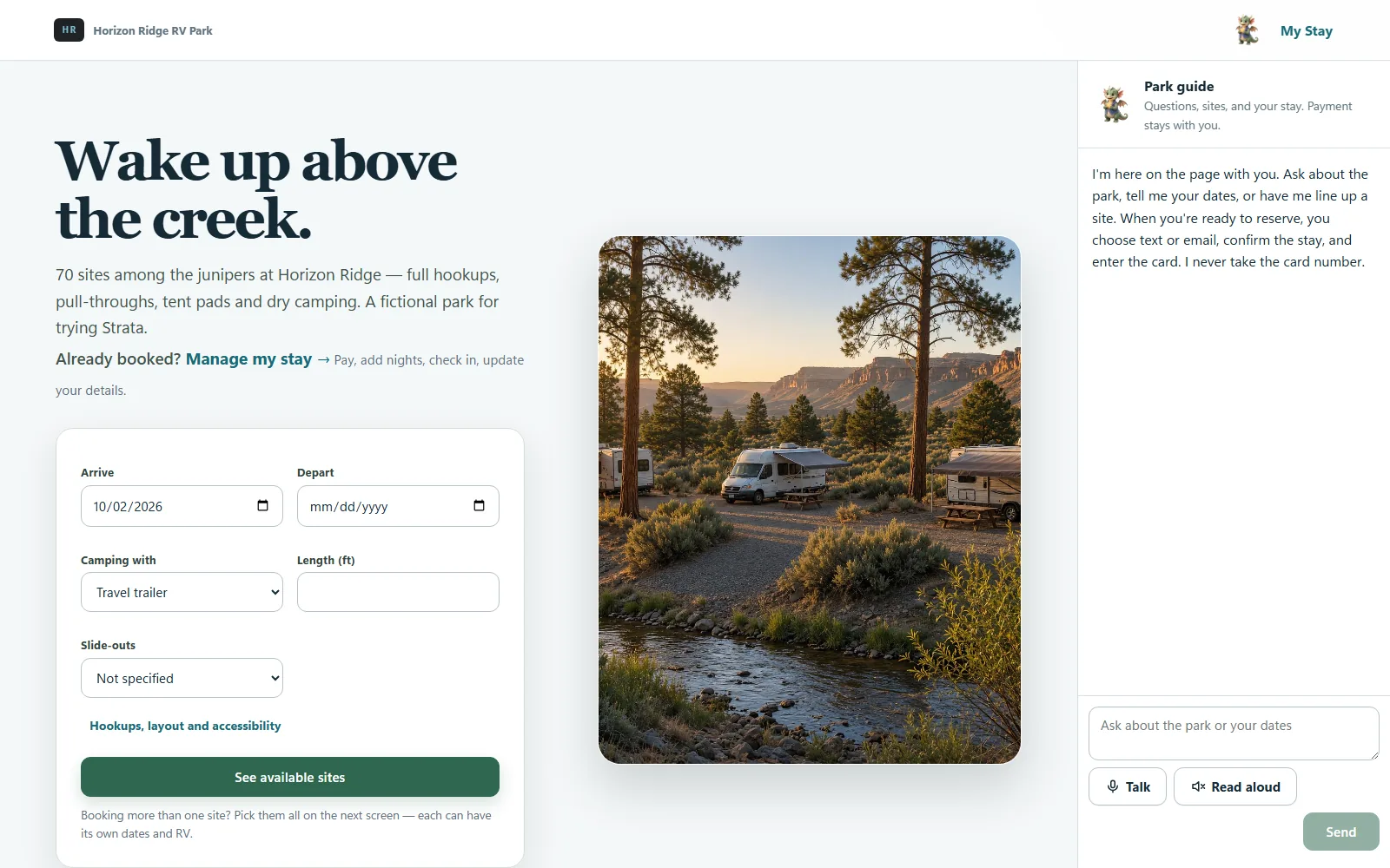 The park’s own booking site, with dates and rig to search and the park guide beside it