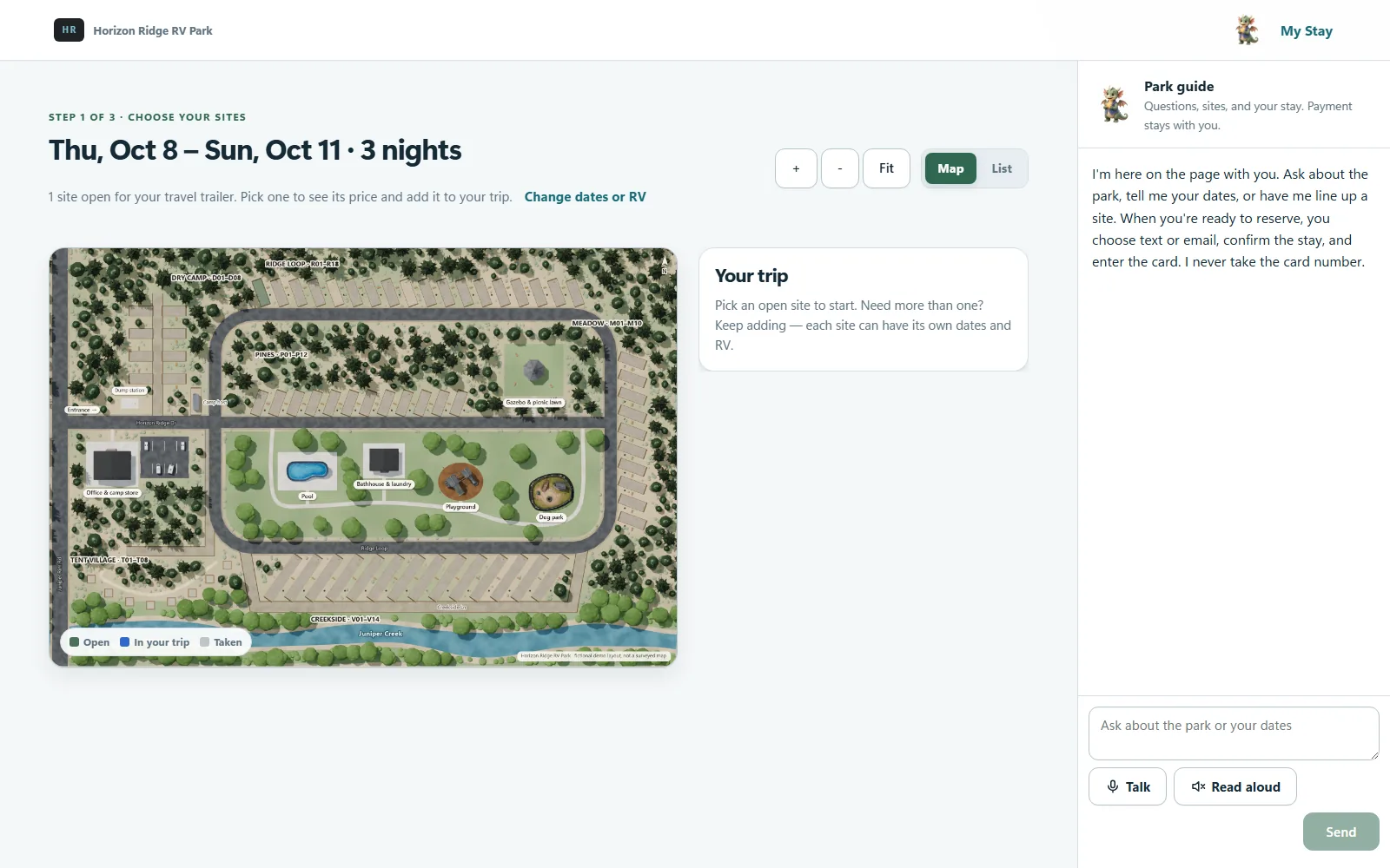 A guest choosing a site on the park map, three nights in October, with the park guide beside it