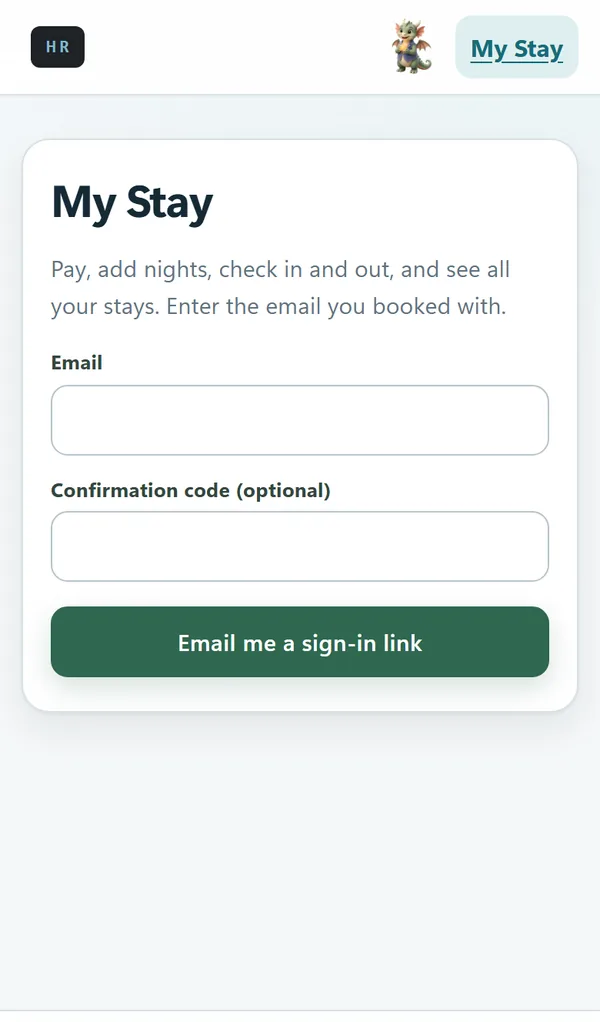 My Stay sign-in on a phone: the guest’s email, an optional confirmation code, and a button that emails a sign-in link