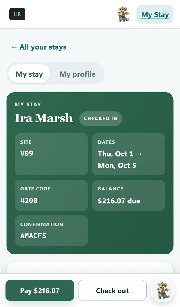 One stay on a phone: site, dates, gate code and balance, with Pay and Check out in a bar along the bottom
