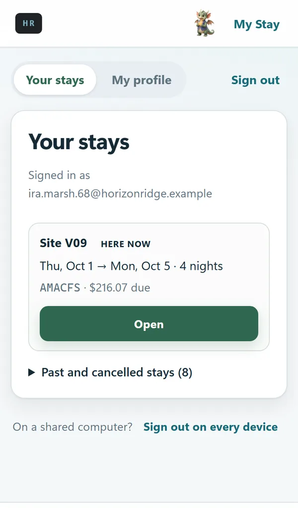 Your stays on a phone: the stay happening now, with its site, dates and balance due, and past stays below