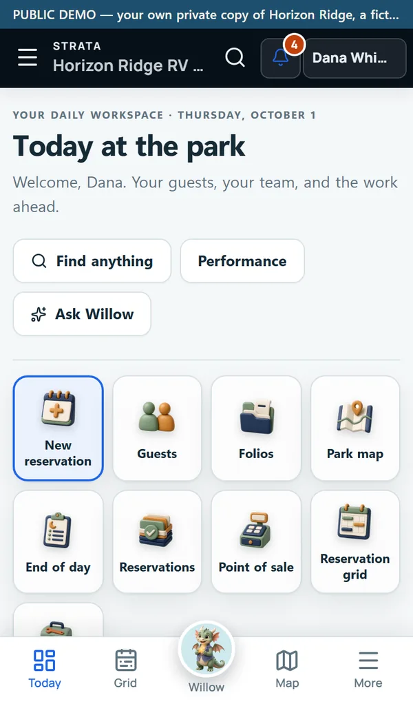 Strata on a phone: Today at the park, with shortcuts and tabs along the bottom, Willow in the middle