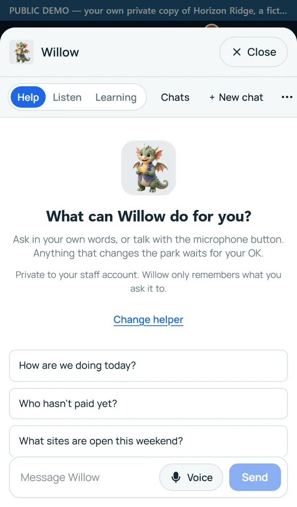 The helper on a phone: Willow in a sheet from the bottom, with Voice to talk and suggested questions