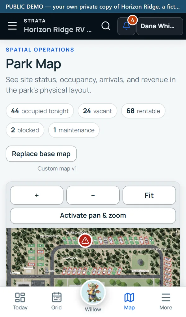 The park map on a phone, with occupied, vacant and blocked counts above it